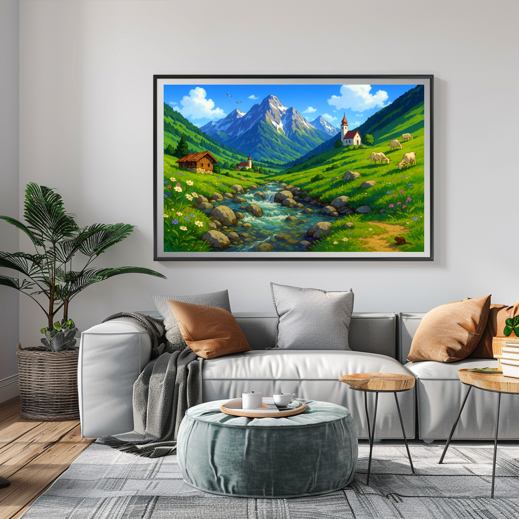 Poster: Bachlauf in den Alpen im Anime Stil