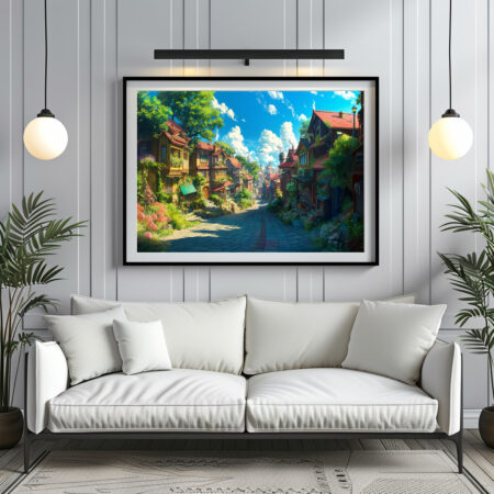 Poster: Weg durch ein Fantasy Dorf im Anime Stil