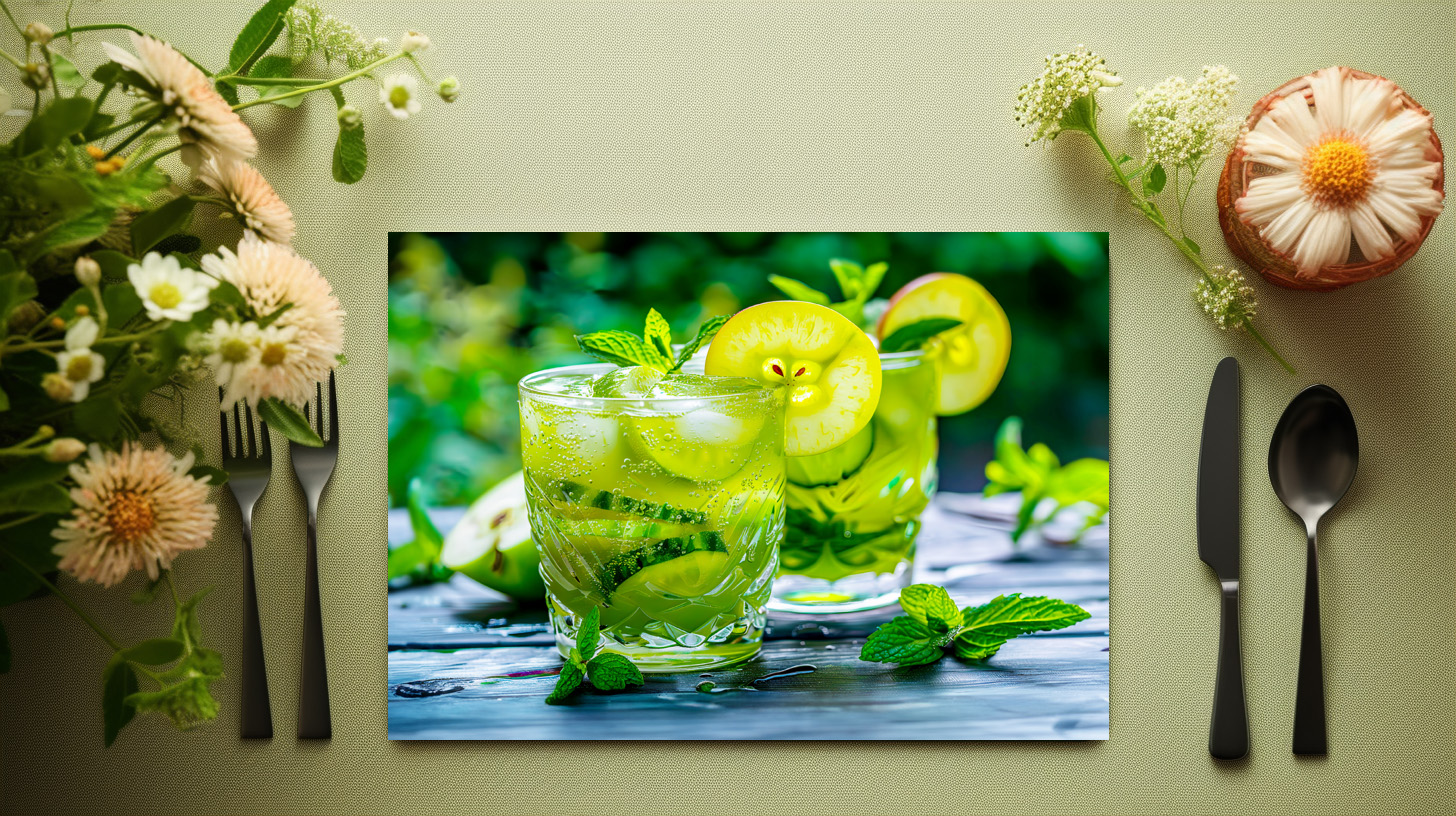raxxa Premium-Tischset: Apple-Cucumber-Mint Cooler Garnished with Apple Slices and Fresh Mint Leaves – Bild 3